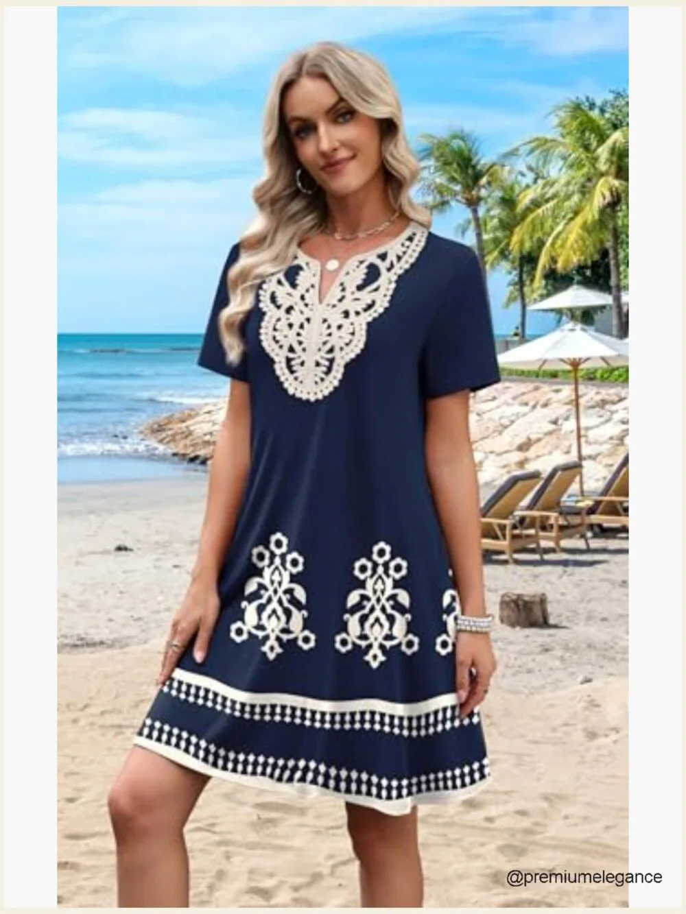 V-Neck Lace T-Shirt Dress, Polyester Spandex, Casual Wedding Guest Midi - Picture 4 of 7
